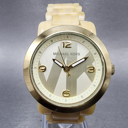 Michael Kors Watch Women 34mm Champagne Dial Tan Case Round MK4204 New Battery0
