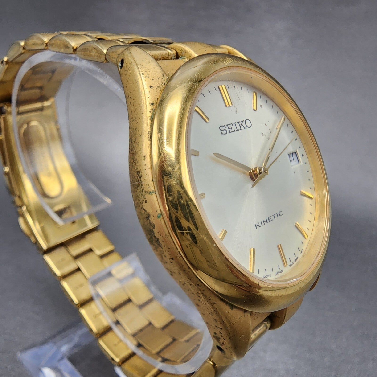Seiko Kinetic Watch Men 38mm White Dial Gold Tone Date Round 5M420K69 PARTS4