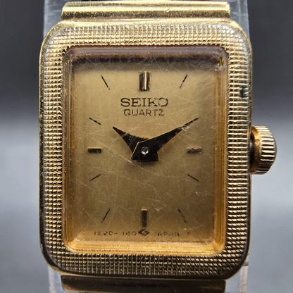 Seiko Tank Watch Women 13mm Gold Dial Gold Tone Rectangle 1E20-5689 New Battery1