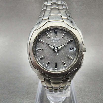 Citizen EcoDrive Watch Women 25mm Silver Dial Silver Tone Date E011S049601 Run0