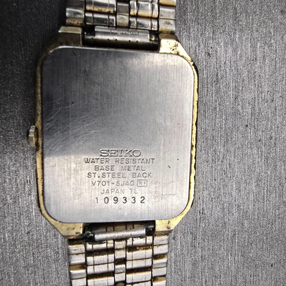Seiko Watch Men 27mm Silver Dial Two Tone Rectangle V701-5J40 New Battery VTG10