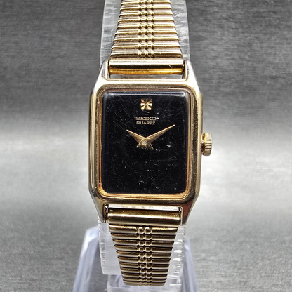 Seiko Watch Women 17mm Black Dial Gold Tone Rectangle 2B20-5000 New Battery JP230