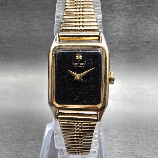 Seiko Watch Women 17mm Black Dial Gold Tone Rectangle 2B20-5000 New Battery JP230