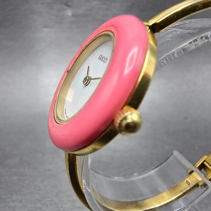 Gucci 11/12.2 Watch Women 26mm White Dial Gold Tone Round New Battery Pink Bezel2