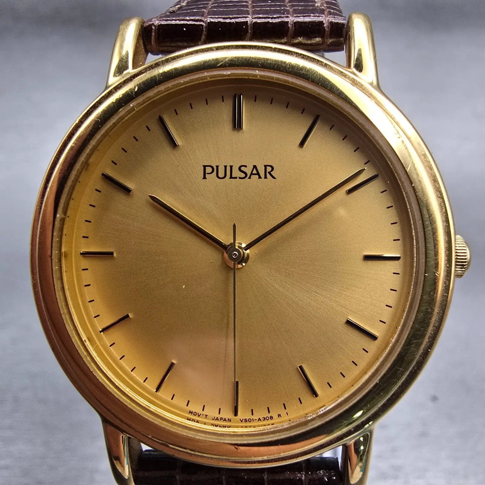 Seiko Pulsar Watch Men 34mm Gold Dial Gold Tone Round V501-X024 New Battery VTG1