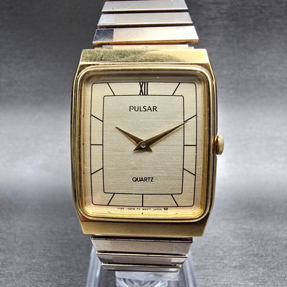 Seiko Pulsar Watch Men 27mm Champagne Dial Gold Tone Rectangle Y130-5240 New Bat0