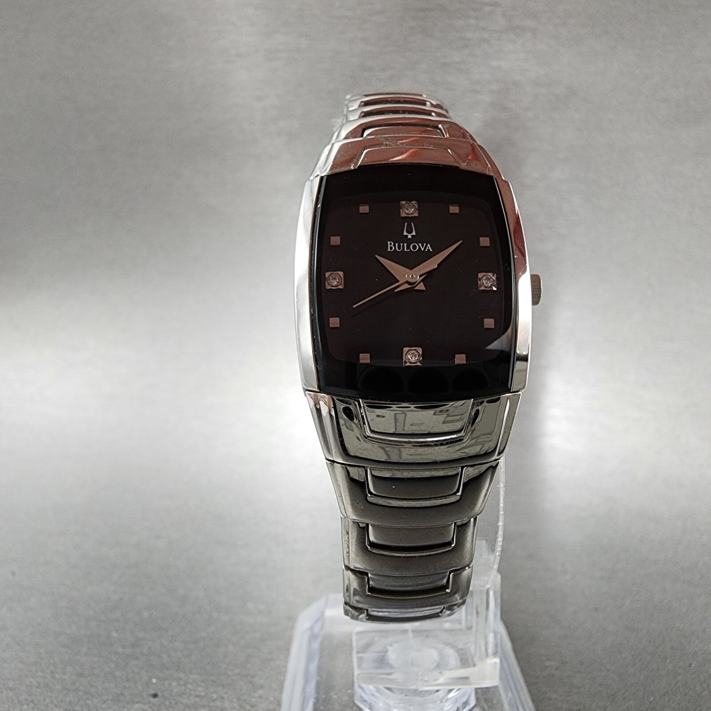 Bulova Tank Watch Women 22mm Black Dial Silver Tone Diamond 96P15 New Battery5