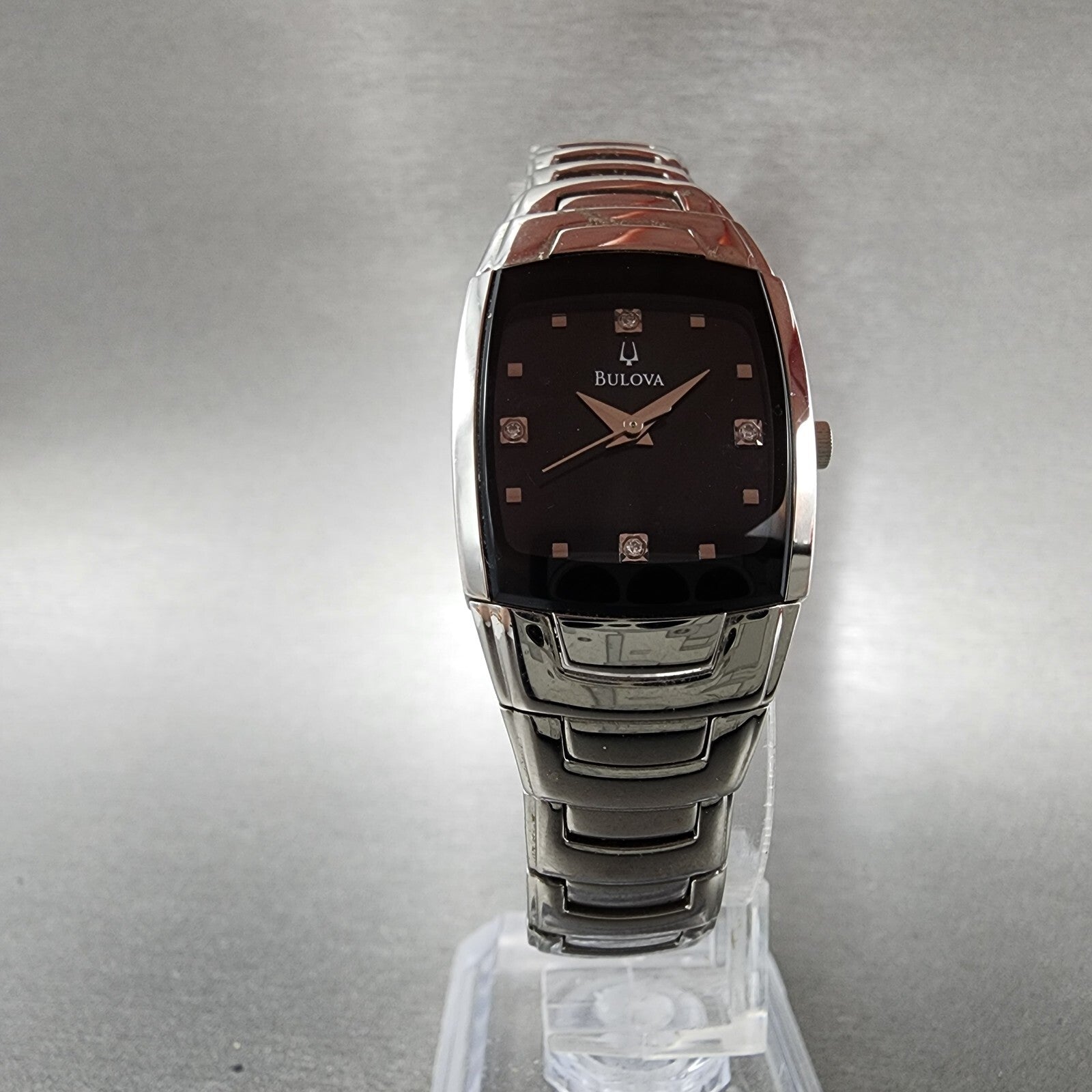 Bulova Tank Watch Women 22mm Black Dial Silver Tone Diamond 96P15 New Battery5