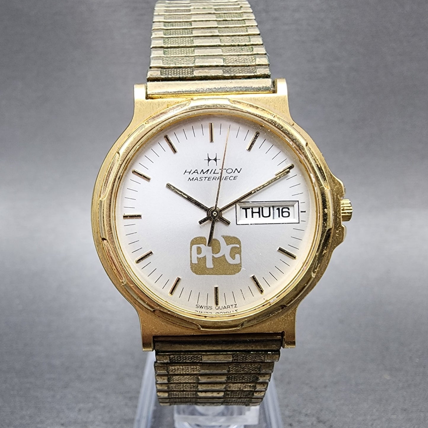 Hamilton Masterpiece Watch Men 32mm Silver Dial Gold Tone Daydate 9404C New Batt0