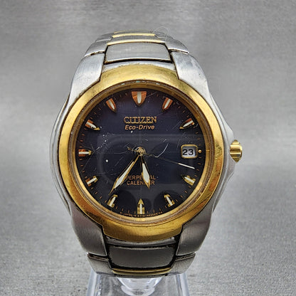 Citizen Eco-Drive Perpetual Calendar Watch Men 37mm Blue Dial Two Tone Date Runs