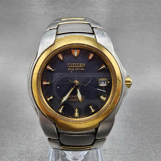 Citizen Eco-Drive Perpetual Calendar Watch Men 37mm Blue Dial Two Tone Date Runs