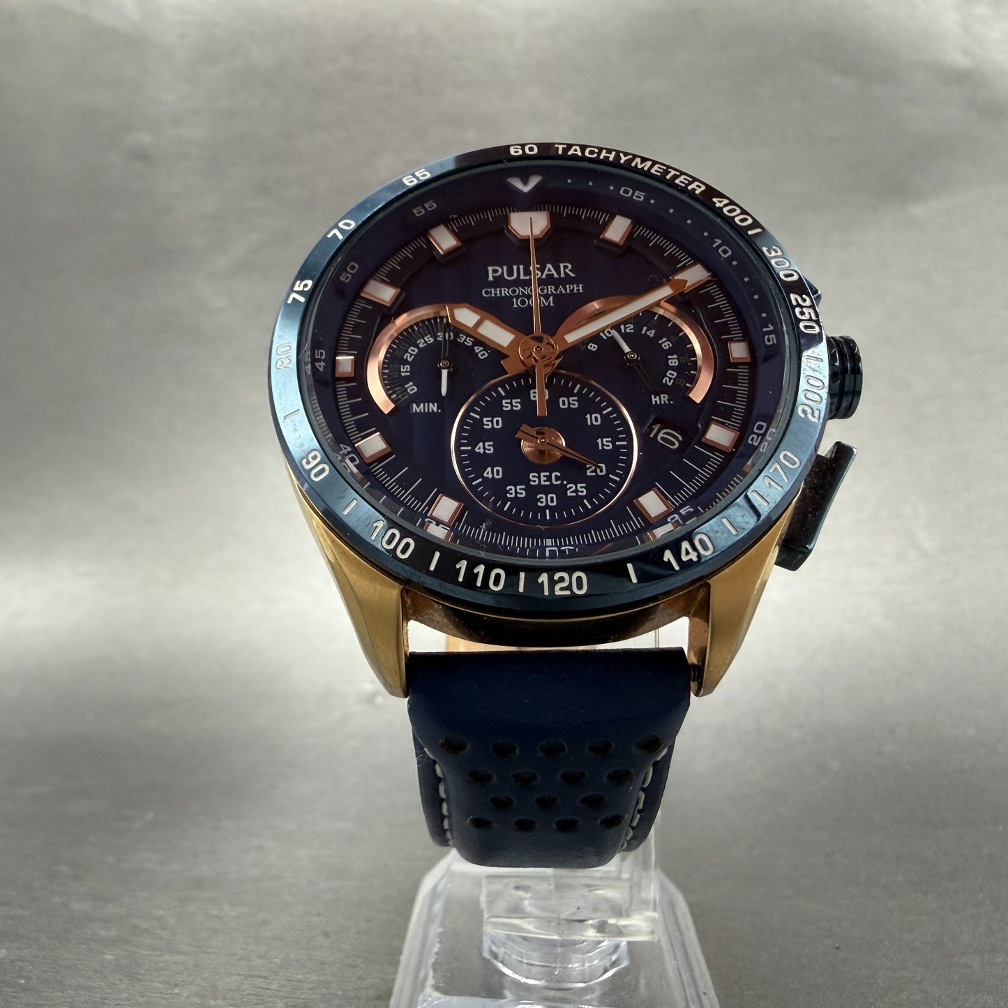 Pulsar Chronograph Watch Men 44mm Blue Dial Rose Gold Tone Date VK63-X001 Newbat5