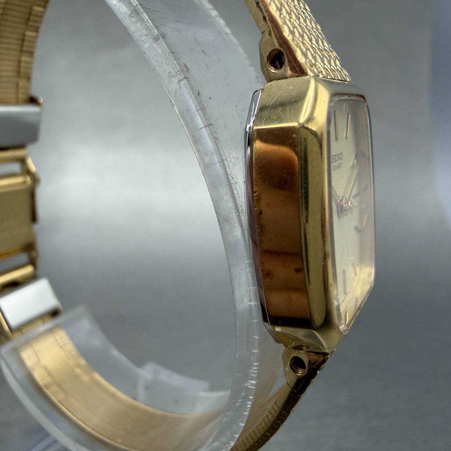 Seiko Watch Women 19mm Champagne Dial Gold Tone Rectangle 5421-5060 New Batt H9S3