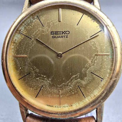 Seiko Watch Men 31mm Gold Dial Gold Tone Round 9300-7009 New Battery Vintage1