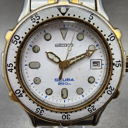 Seiko Scuba Watch Men 38mm White Dial Two Tone Date 5h25-6020 New Battery