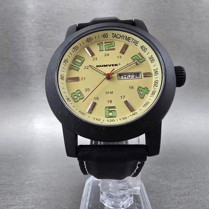 Humvee Watch Men 43mm Cream Dial Black Daydate Round HF19New Battery5