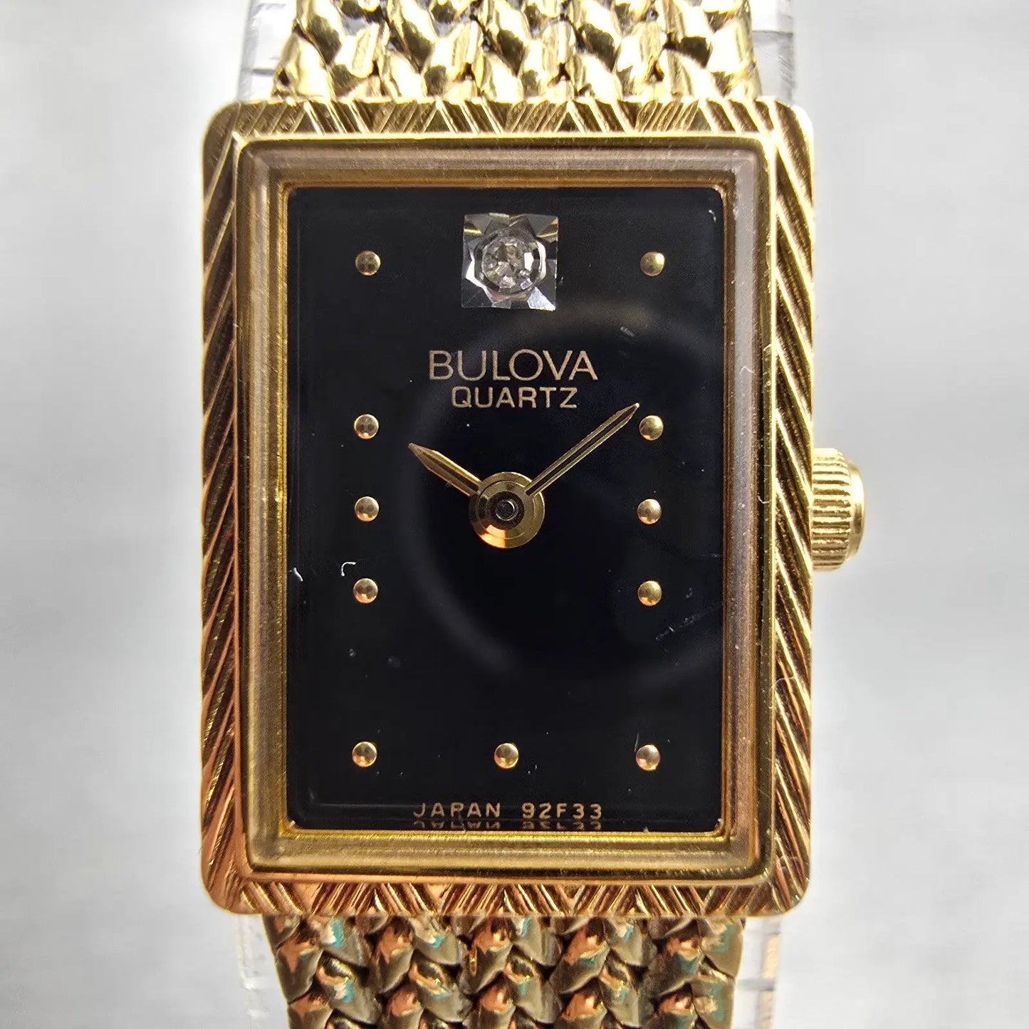 Bulova Watch Women 13mm Black Dial Gold Tone Rectangle 92F33 New Battery Vintage1