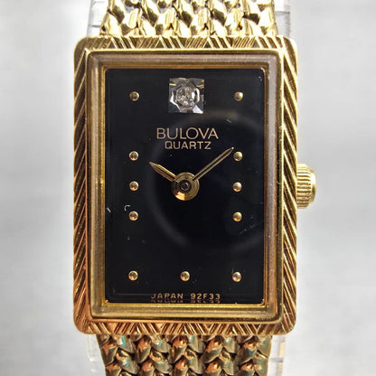Bulova Watch Women 13mm Black Dial Gold Tone Rectangle 92F33 New Battery Vintage1