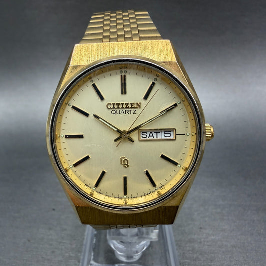 Citizen CQ Watch Men 35mm Champagne Dial Gold Tone Daydate READ!!!!! New Battery0