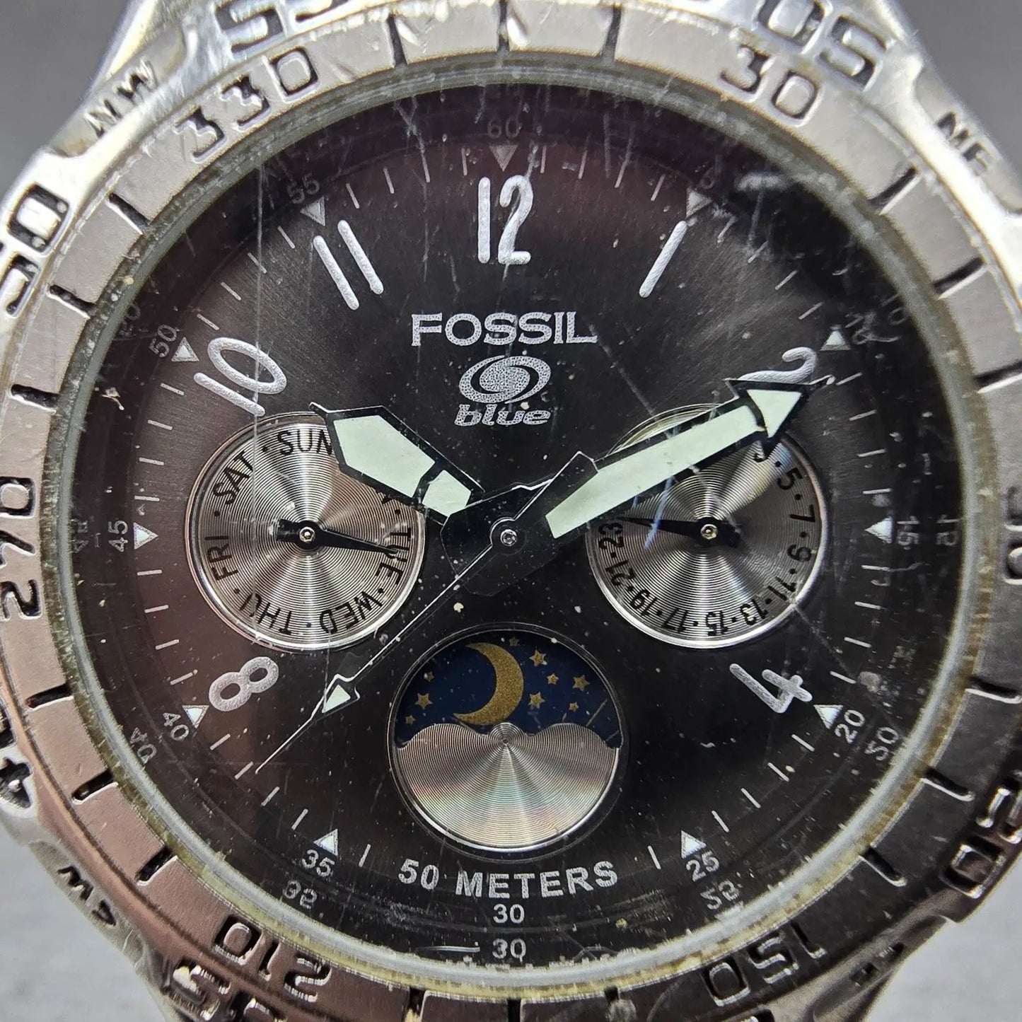 Fossil Blue Watch Men 40mm Black Dial Silver tone Daydate BQ-8777 New Battery KJ1