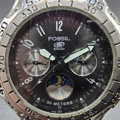 Fossil Blue Watch Men 40mm Black Dial Silver tone Daydate BQ-8777 New Battery KJ1