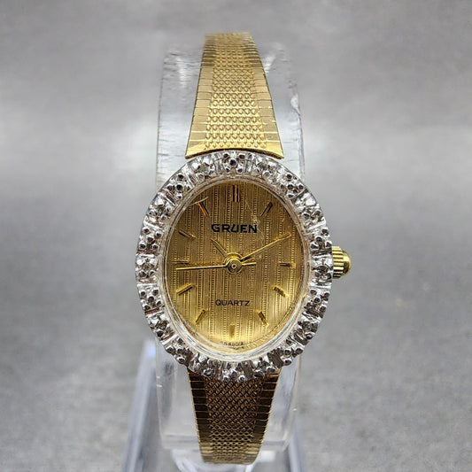 Gruen Watch Women 16mm Gold Dial Gold Tone Oval Diamond Bezel New Battery0
