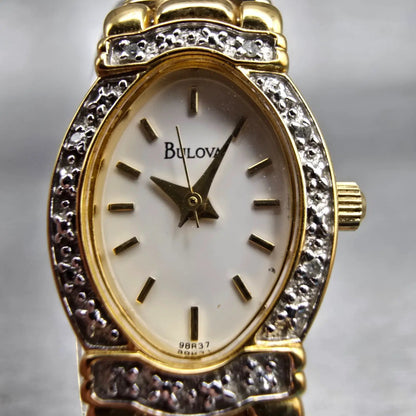 Bulova Watch Women 16mm Ivory Dial Gold Tone Gemmed Oval 98R37 New Battery1