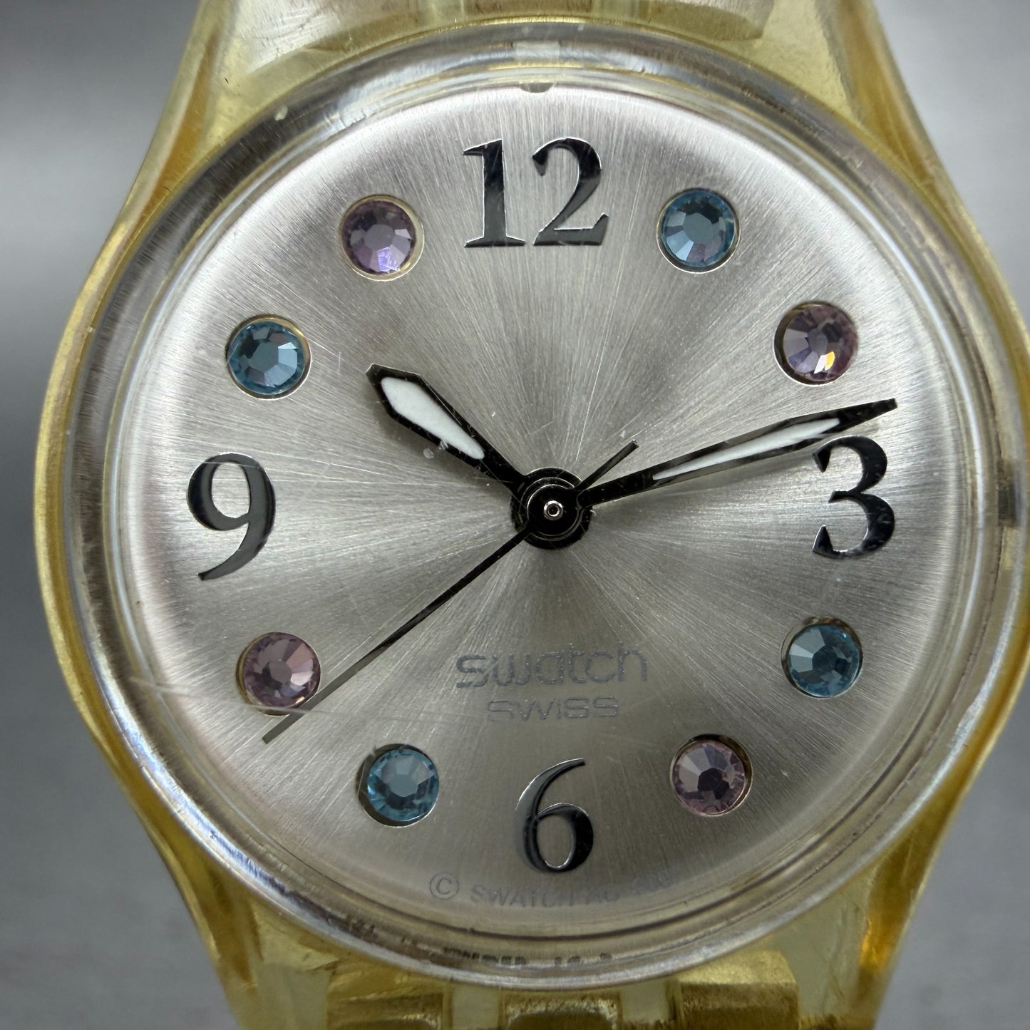 Swatch Menthol Tone Watch Women 25mm Silver Dial Clear Case LK292G New Battery1
