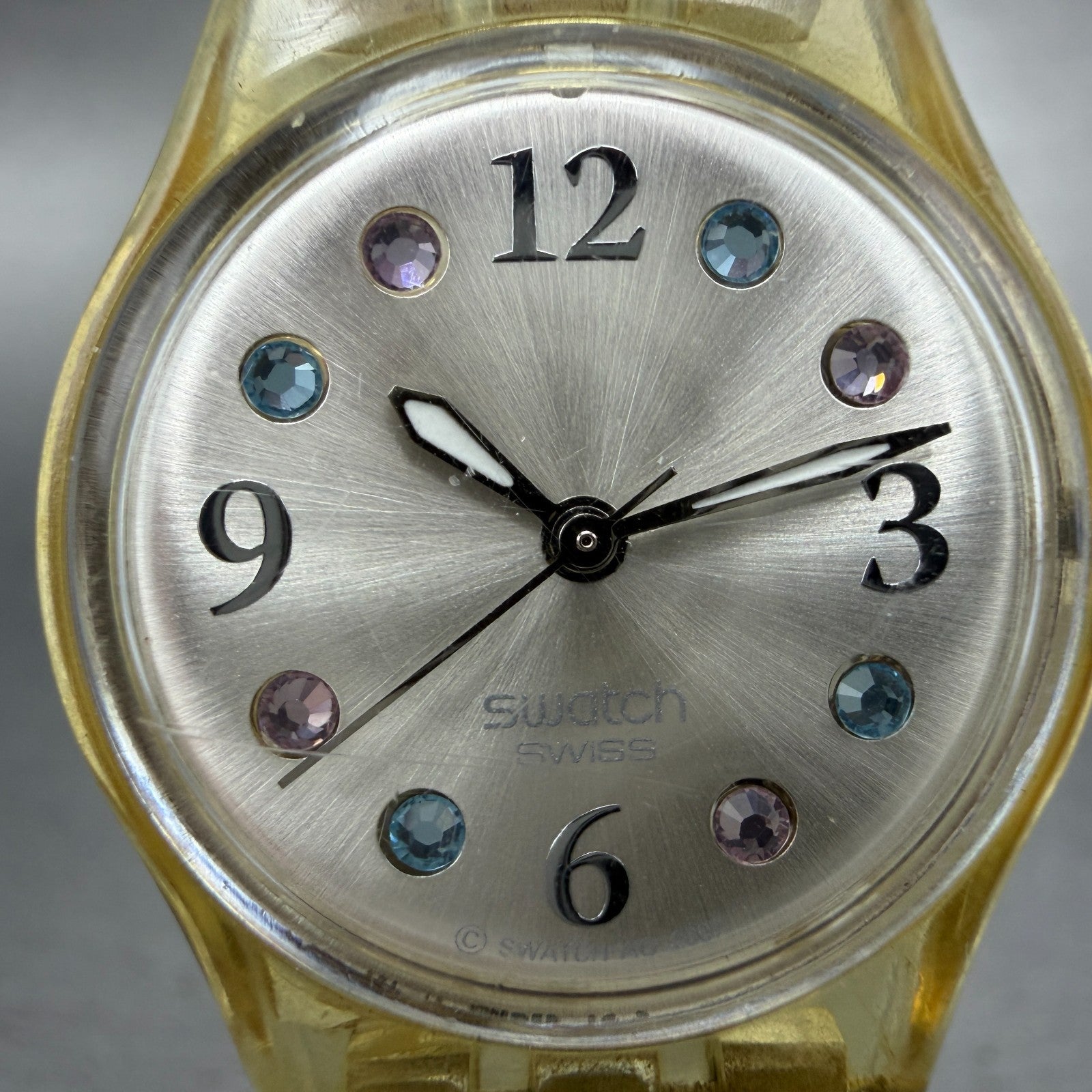 Swatch Menthol Tone Watch Women 25mm Silver Dial Clear Case LK292G New Battery1
