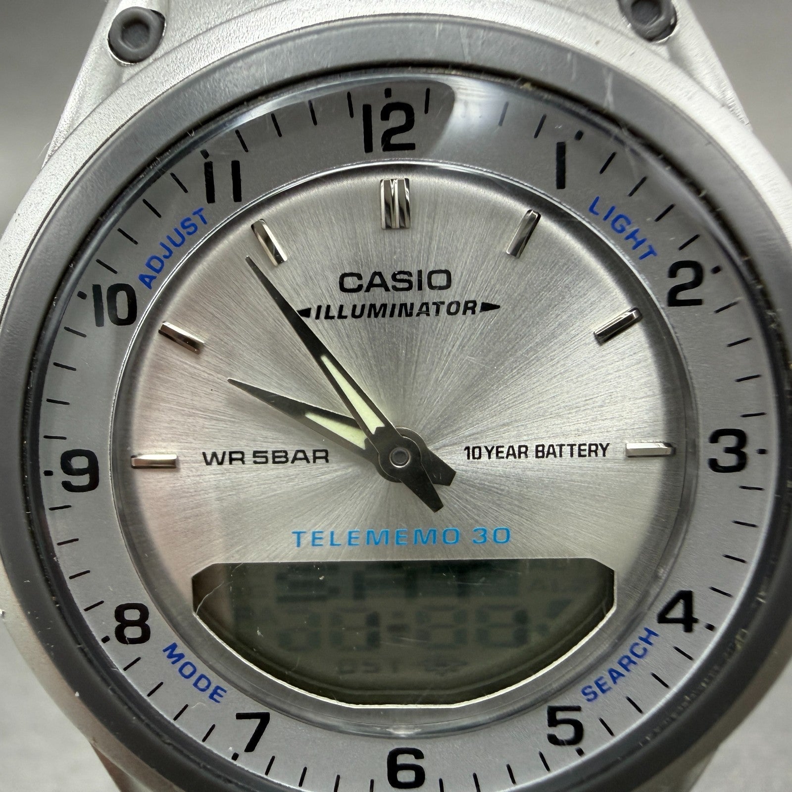 Casio Illuminator Watch Men 40mm Analog Digital Silver Alarm Chrono AW-80 NewBat1