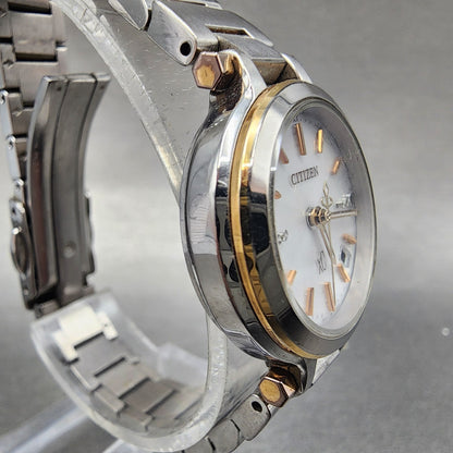 Citizen EcoDrive XC Watch Women 25mm White Dial Steel Date Round Atomic Works4