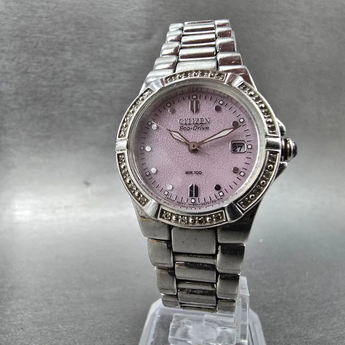 Citizen Eco-Drive Watch Women 26mm Pink Dial Silver Diamonds Date E011-S0436975