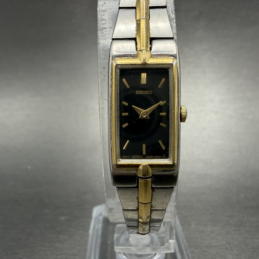 Seiko Tank Watch Women 13mm Black Dial Two Tone Rectangle 2e20-7479 New BatteryU0