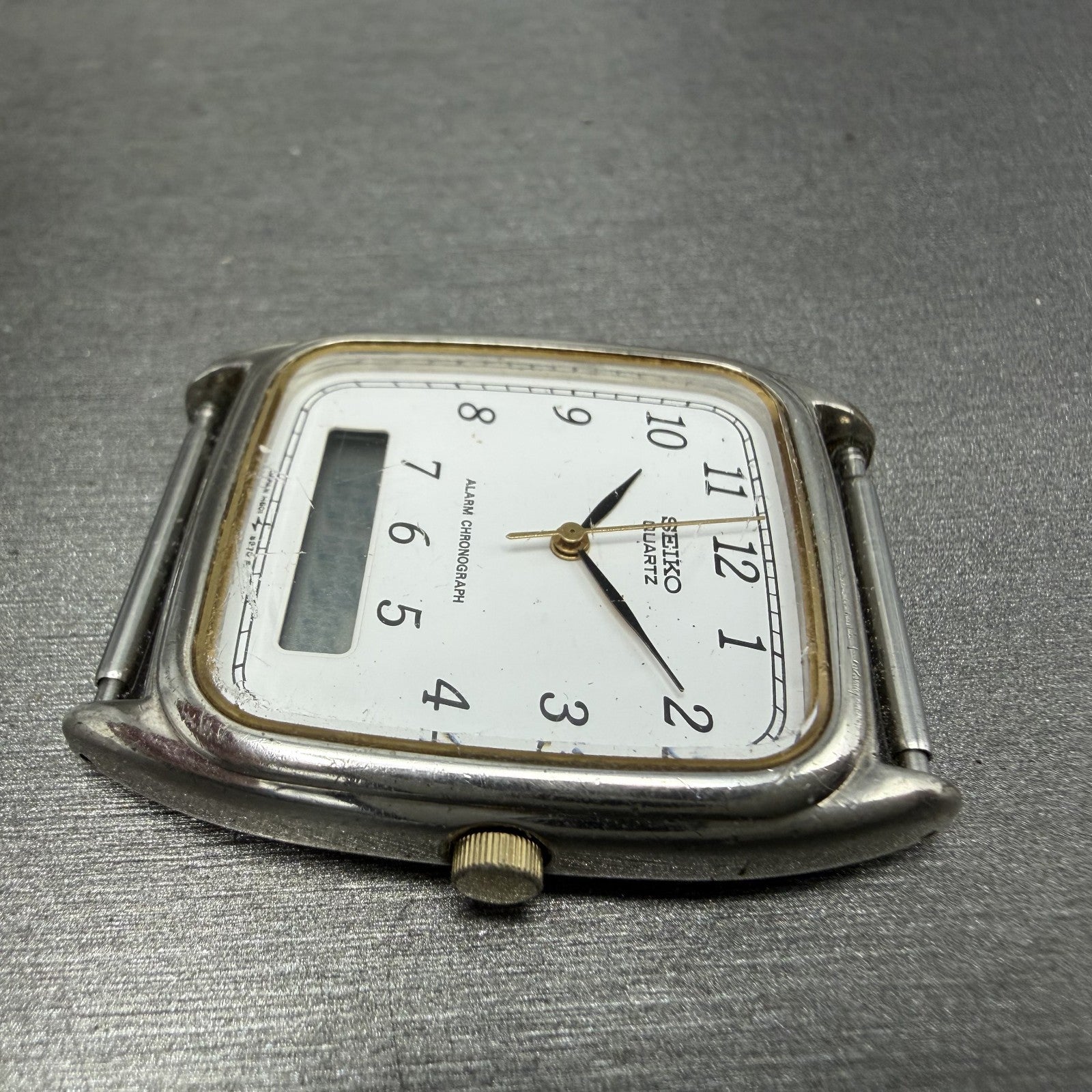 Seiko Analog Digital Watch Men 29mm White Dial Silver Tone Alarm Chrono PARTS6