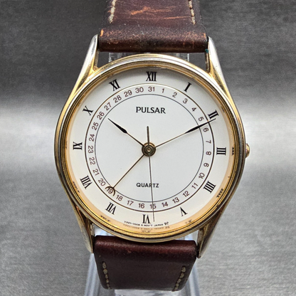 Seiko Pulsar Watch Men 32mm White Dial Gold Tone Date Round V337-7010 New Batt0
