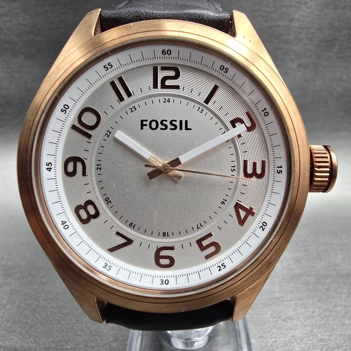 Fossil Watch Men 46mm White Dial Rose Gold Tone Round BQ2245 New Battery Leather1