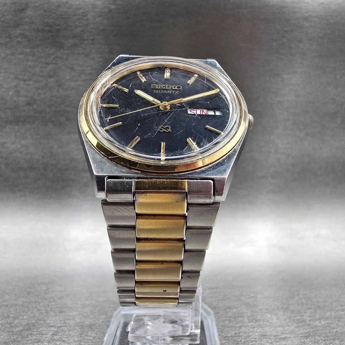 Seiko SQ Watch Men 34mm Black Dial Two Tone Daydate Round 8123-7230 New Battery5