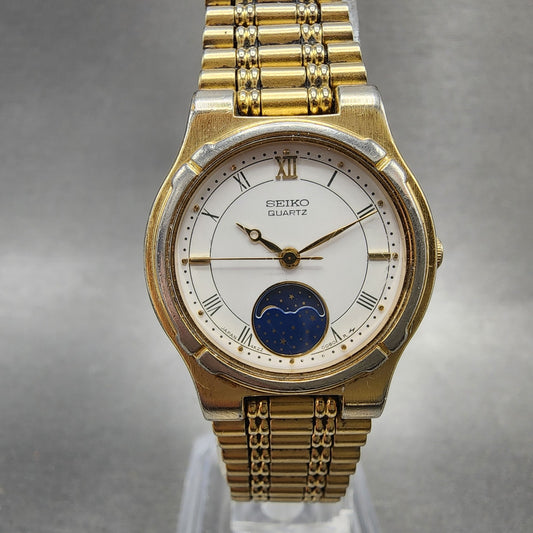 Seiko Moonphase Watch Women 24mm White Dial Gold Tone 4K220069 New Battery0
