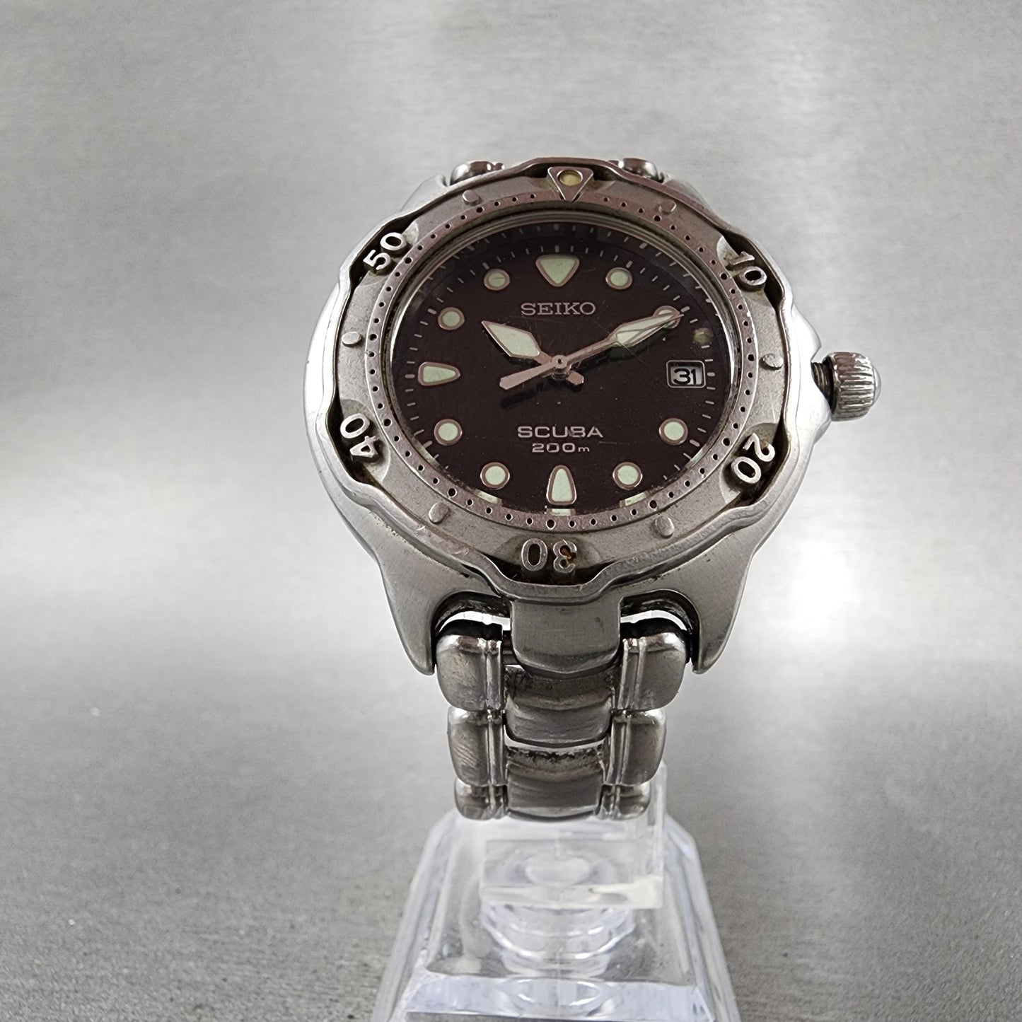 Seiko Scuba Diver Watch Men 38mm Black Dial Silver tone Date 7n356030 PARTS6