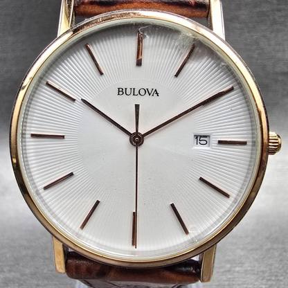 Bulova Watch Men 40mm White Dial Gold Tone Date Round 98H51 New Battery1