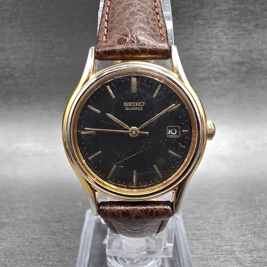 Seiko Watch Women 24mm Black Dial Gold Tone Date Round 7N82-0100 New Battery JP20