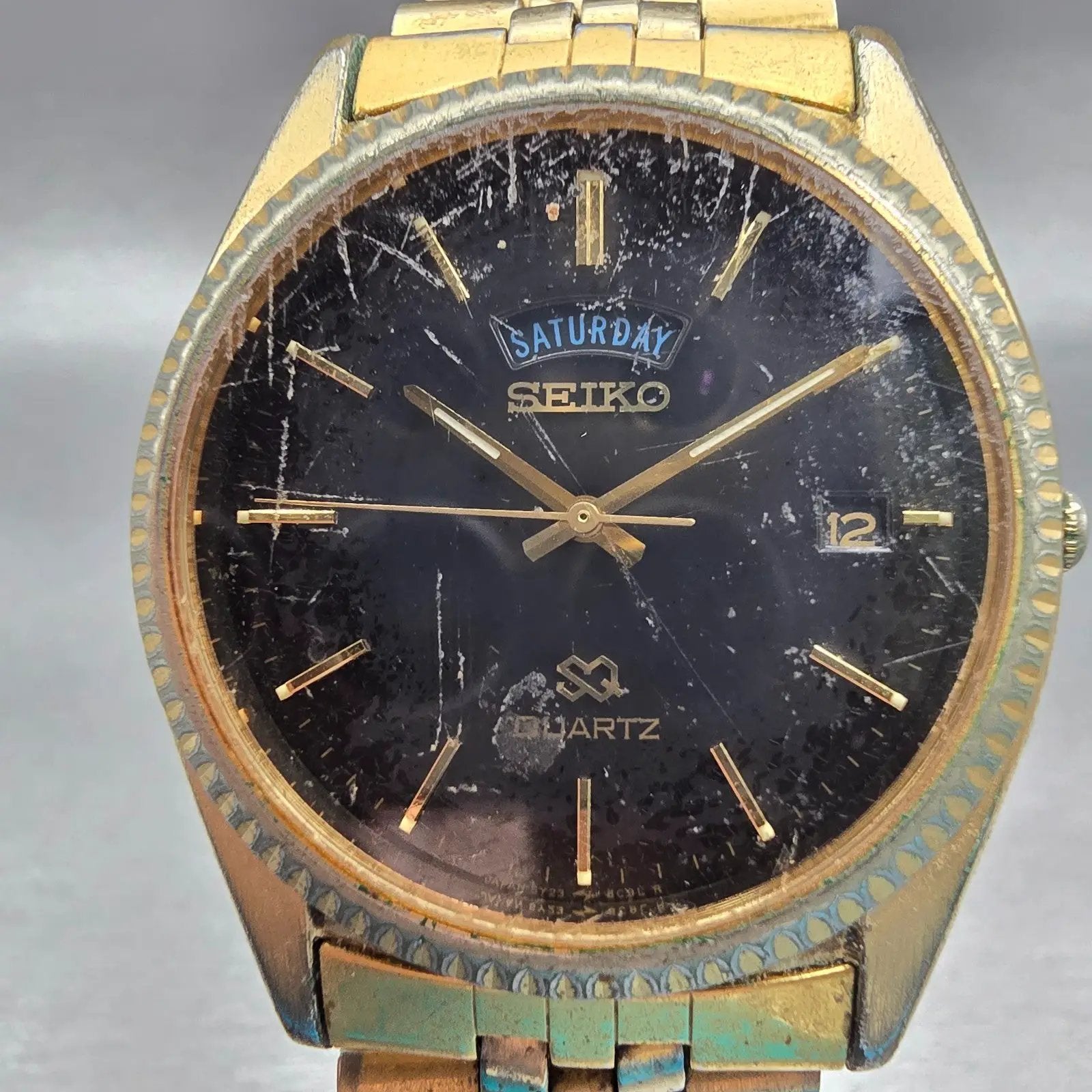 Seiko SQ President Watch Men 36mm Black Dial Gold Tone Daydate 5Y23-8A69 New Bat1