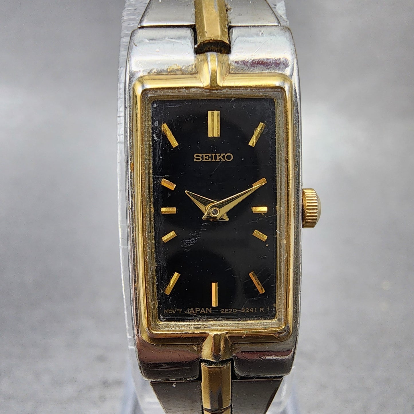 Seiko Tank Watch Women 13mm Black Dial Two Tone Rectangle 2E200AY0 New Battery1
