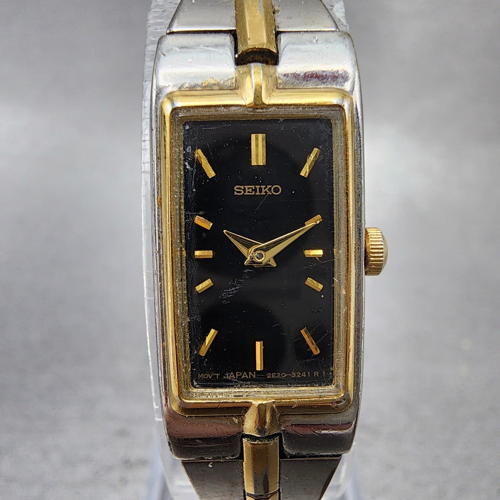Seiko Tank Watch Women 13mm Black Dial Two Tone Rectangle 2E200AY0 New Battery1
