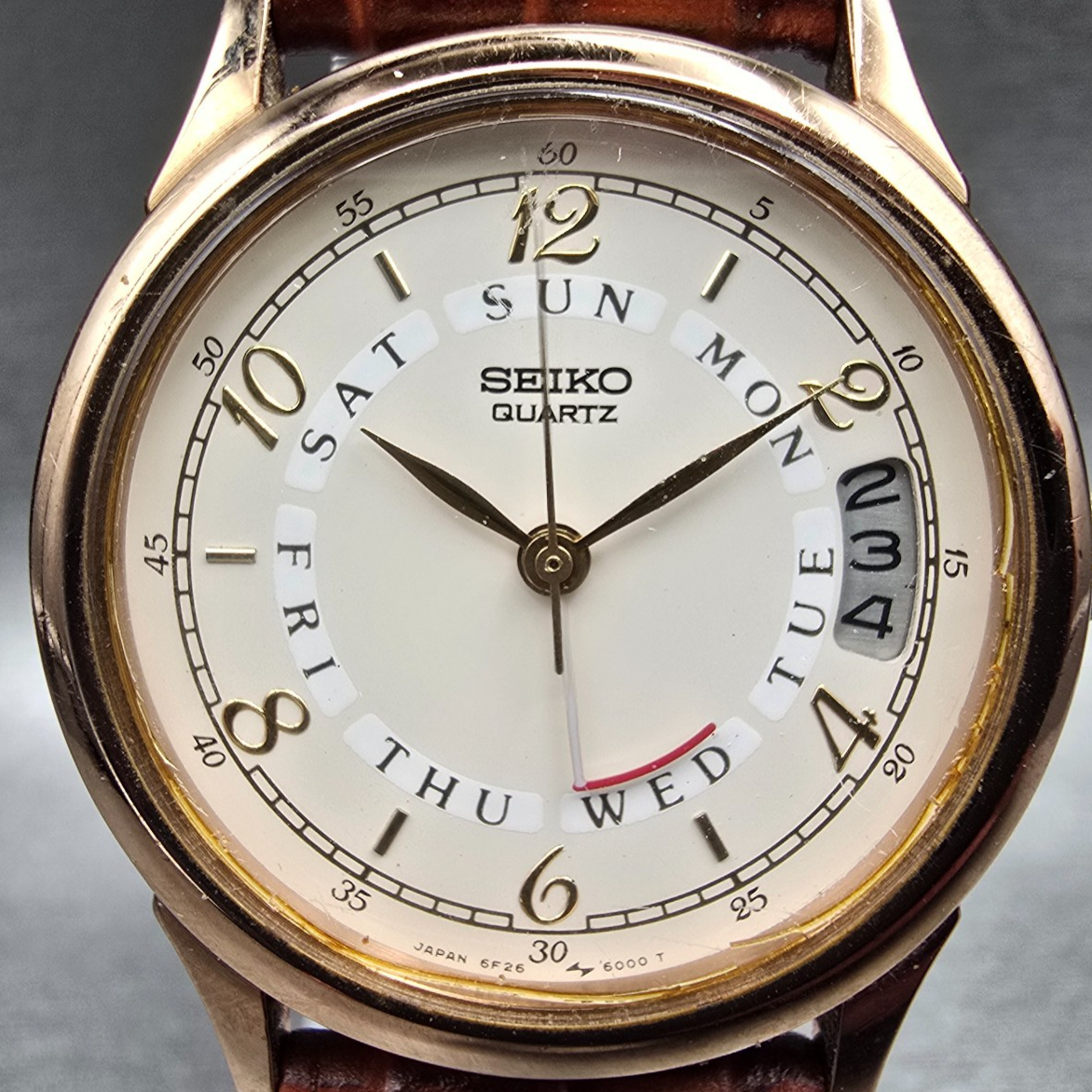 Seiko Watch Men 32mm Ivory Dial Gold Tone Daydate Round 6F26-6009 New Battery1