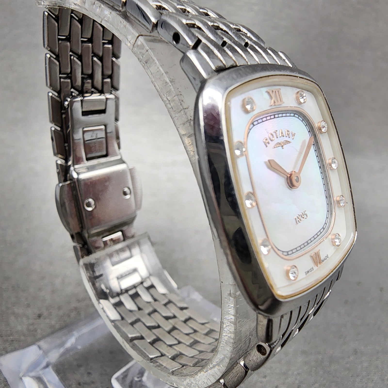 Rotary Ultra Slim Watch Women 23mm MOP Dial Two Tone Rectangle New Battery3