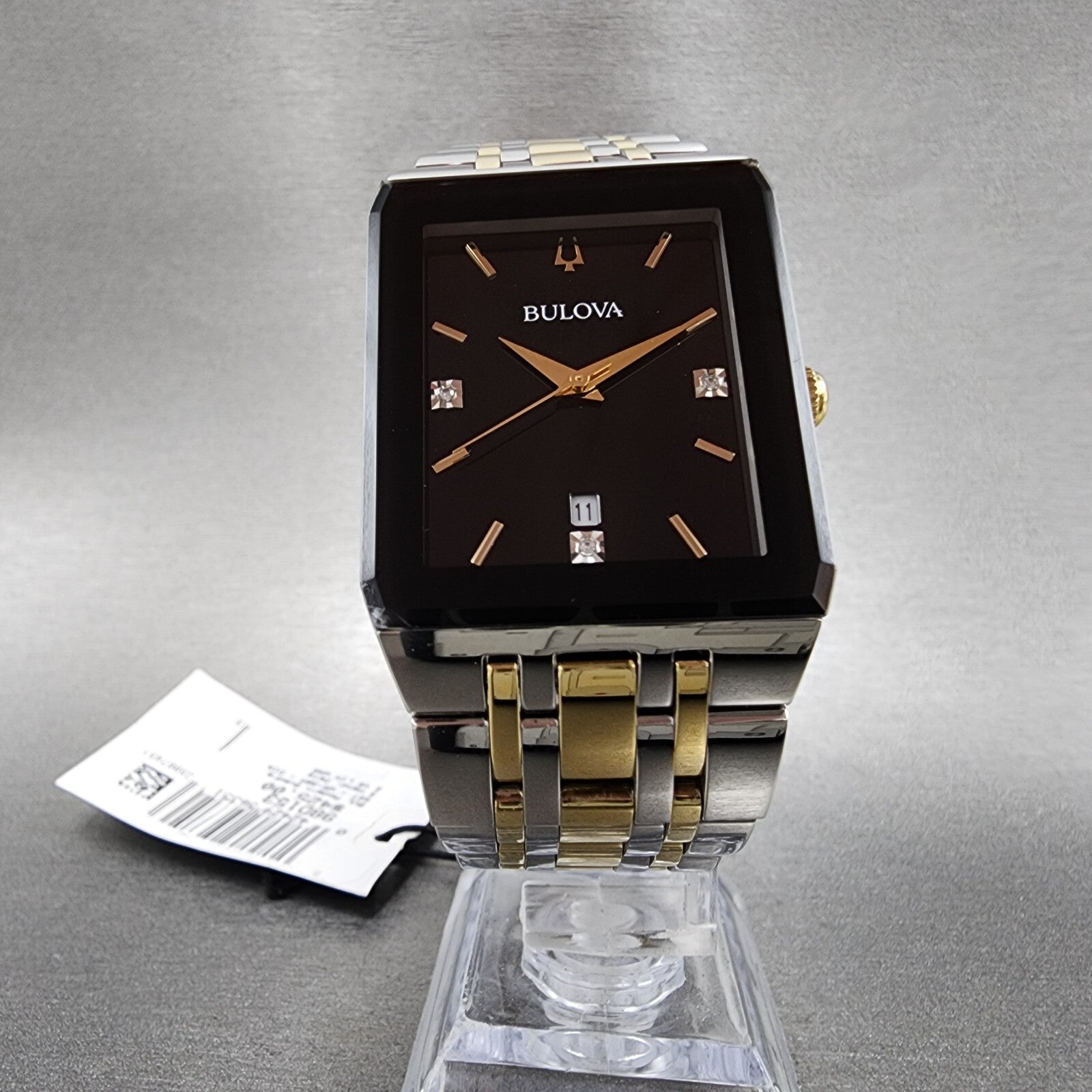 Bulova Quadra Tank Watch Women 21mm Black Dial Two Tone Rectangle 98P185 CHIPPED5