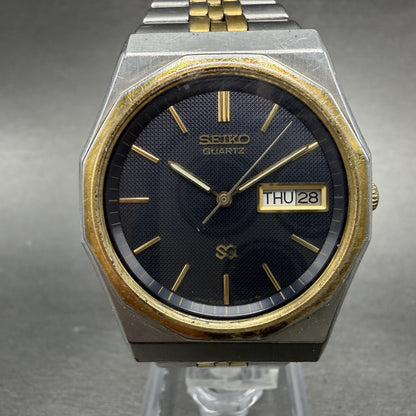 Seiko SQ Watch Men 33mm Blue Dial Two Tone Daydate Vintage 8C23-6059 New Battery0