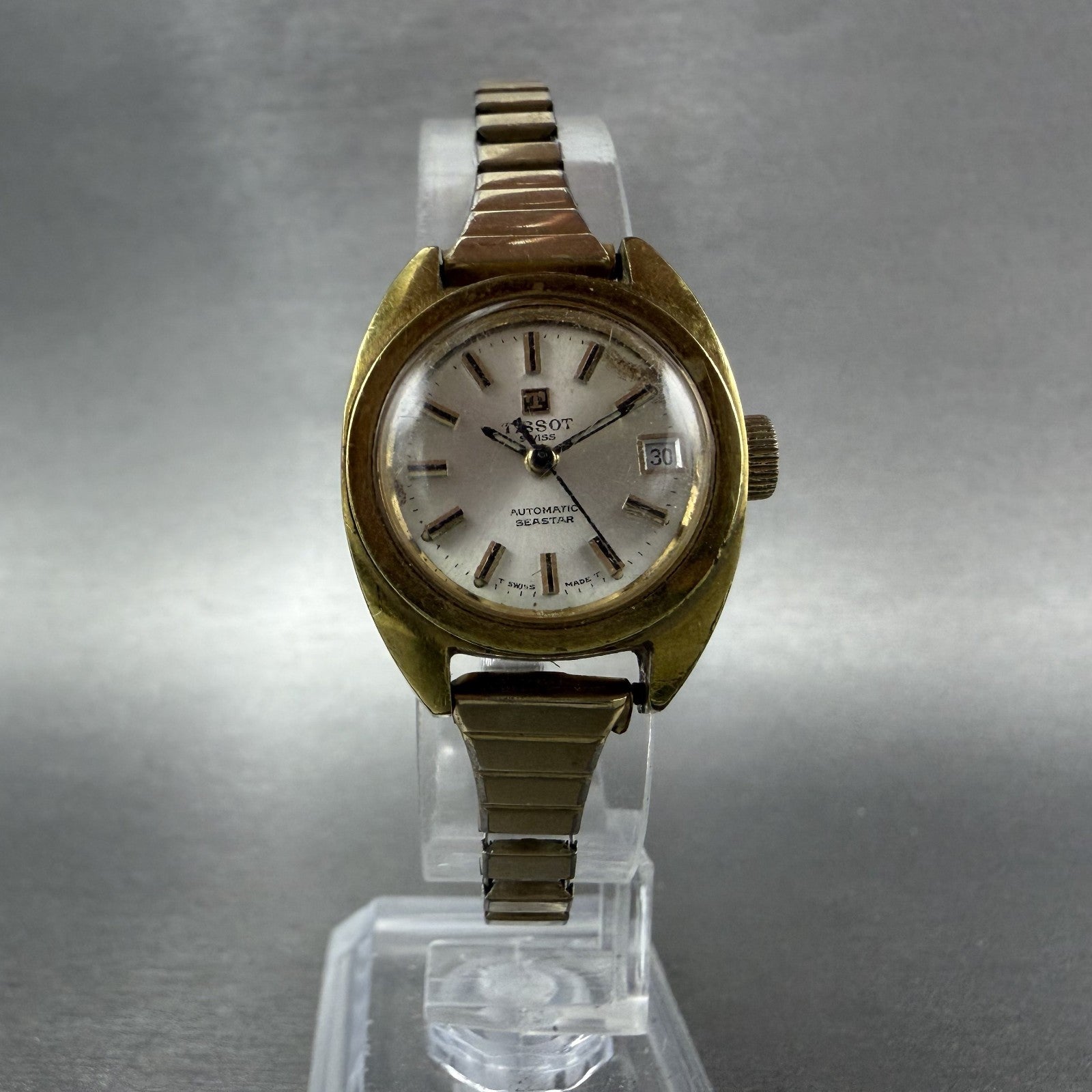 Tissot Seastar Automatic Watch Women 23mm Silver Dial Gold Tone Date PARTS READ!5