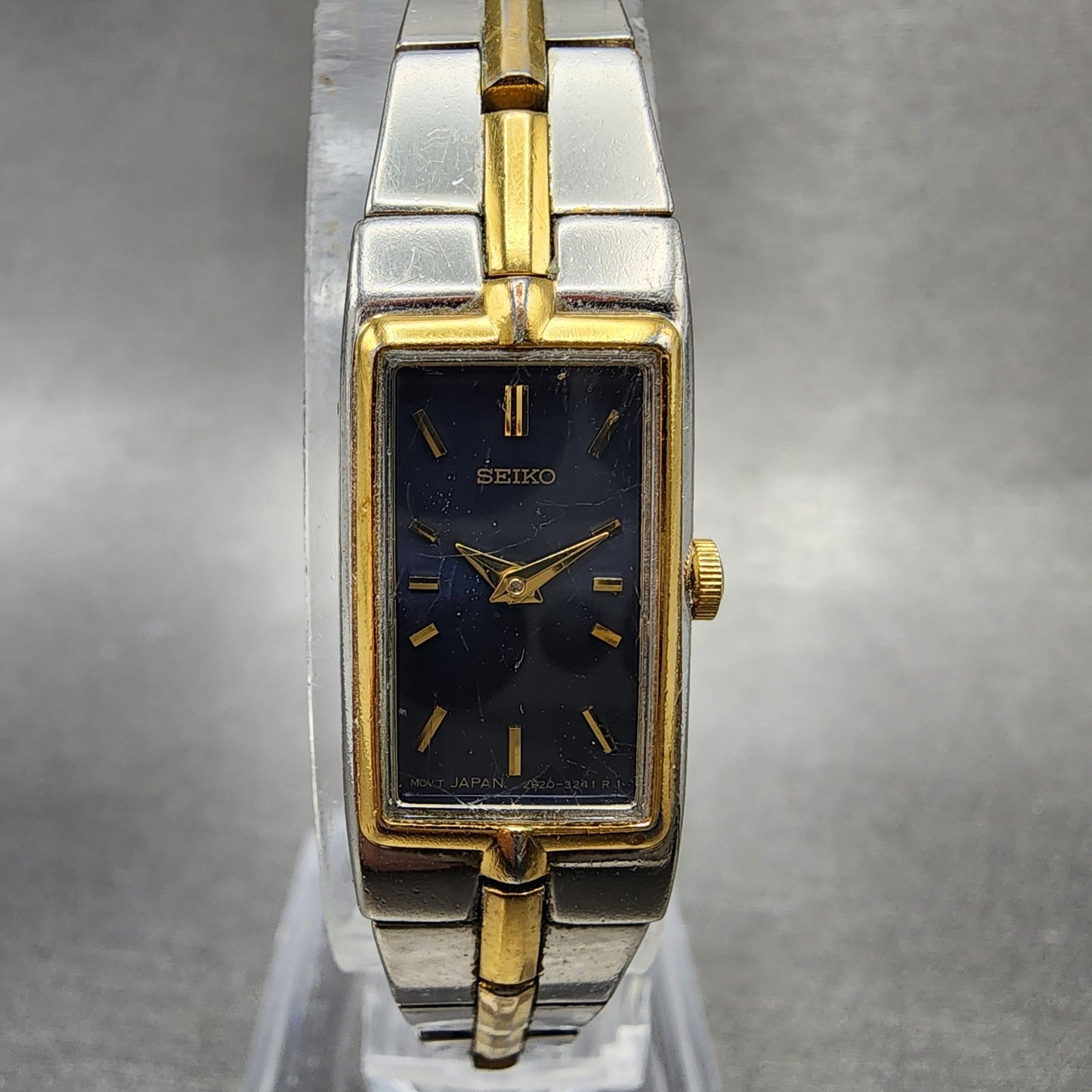 Seiko Tank Watch Women 13mm Blue Dial two Tone Rectangle 2e207479 New Battery0
